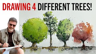 Drawing and Painting four different types of Trees with ink and watercolor [upl. by Deehan762]