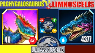 PACHYGALOSAURUS 40 vs LIMNOSCELIS 4377  JURASSIC WORLD THE GAME [upl. by Adneram]