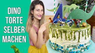 DINO TORTE 🦖 Kinder Geburtstagstorte mit Dinos  Schritt für Schritt Rezept Boden Creme amp Drip [upl. by Gothurd]