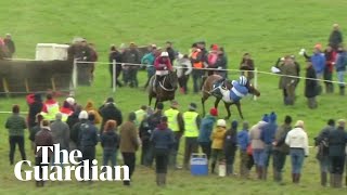 Irish jockey almost falls off horse but wins race after incredible recovery [upl. by Enomaj331]