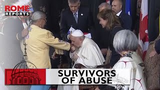 Pope Francis kisses the hand of an indigenous survivor of the Canadian boarding schools [upl. by Hayton278]