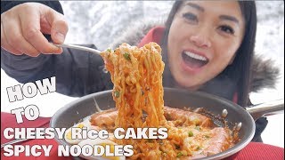 SNOW DAY  CHEESY RICE CAKE  SPICY NOODLES  LETS EAT  SASVlogs How to recipe [upl. by Nylaras866]