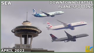 Downtown Seattle and Space Needle Plane Spotting  SEA Arrivals  April 2022 [upl. by Starks]