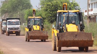 2 JCB 3dx Backhoe with 2 Tata Truck Going To Another Village For Working Together [upl. by Dnumyar396]