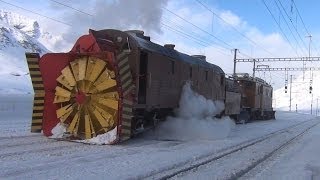 Snow Plowingtrainfart originalDampfschneeschleuder Xrot d 9213 und Bernina Krokodil  Zug train [upl. by Rosaleen888]