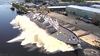 US Navy Launches New Warship Sideways Into Water — USS Billings Christening and Launch [upl. by Lsiel]