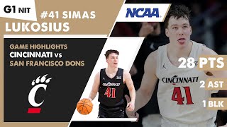 Simas Lukosius Cincinnati Bearcats vs San Francisco NCAA basketball NIT Tournament highlights  G1 [upl. by Roselle561]