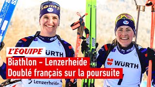 Biathlon 202324  BraisazBouchet et Simon réalisent le doublé sur la poursuite de Lenzerheide [upl. by Enilaf]