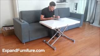 Transforming apartment demo Wall bed sofa and white gloss transforming table [upl. by Yelnek]