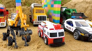 Construction Vehicles Rescue Police Car Fire Truck Pass Through The Magic Portal  BIBO TOYS [upl. by Deedahs]