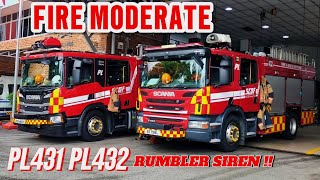 RUMBLER SIREN PL431 PL432 TURNOUT FIRE MODERATE  Woodlands Fire Station [upl. by Ahsert132]