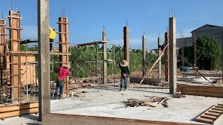 Concrete Column Construction Process  Traditional Timber Formwork  Reinforcement  Shuttering Work [upl. by Carlyn]