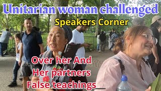 Unitarian woman challenged over her and her Antichrist partner’s false teachings speakerscorner [upl. by Eirrot45]