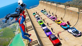 Back to Chiliad Mountain Ramps GTA V Spiderman return Epic Challenge Superheroes cars in GTA V mod [upl. by Fougere945]