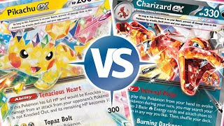 Pikachu ex VS Charizard ex  Surging Sparks  Table Top Battle [upl. by Nafri]