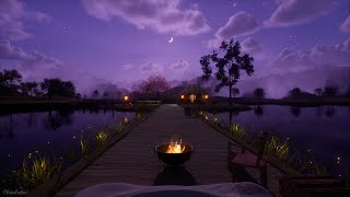 A Beautiful Purple Night Ambience In A Peaceful Countryside  Crackling Fire Crickets Water Sounds [upl. by Gildas]