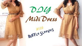 DIY Midi Dress With Ruffle Sleeves Cutting And Stitching Turorial [upl. by Carolyne]