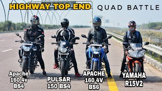 Apache 160 4V BS6 Vs Apache 160 4V BS4 Vs Pulsar 150 Vs Yamaha R15V2  Race Till Their Potential [upl. by Anelah799]