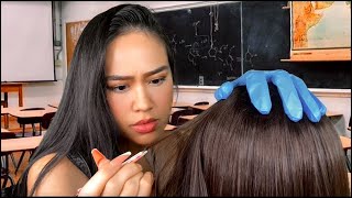 ASMR Weird Girl Gives U Scalp Check in Class scalp scratching pluckinghair play gum chewing rp [upl. by Enimrac823]