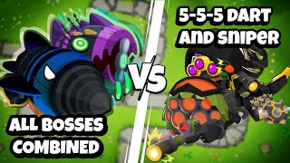 All Bosses Combined vs 555 Dart Monkey and Sniper Monkey  Boss rush Recharged and Crosspath Mod [upl. by Rebe]