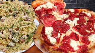 ASMR EATING FIVE CHEESE PEPPERONI PIZZA AND CHICKEN FETTUCCINE ALFREDO MUKBANG [upl. by Nanda]