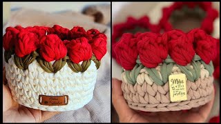 Easy Crochet Candys Bowl With Handles Diy Mini Crochet Basket Yarn Crochet Projects Trendy Clothes [upl. by Quirita]