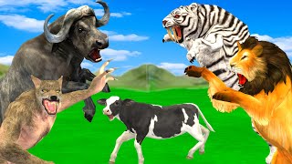 Black Lion Fight White Tiger Vs Lion King Attack Cow Cartoon Buffalo Elephant Save By Woolly Mammoth [upl. by Acnalb]