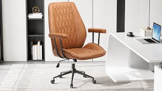 Sikaic Leather Mid Century Office Chair With Removable Armrest 40° Tiltable Backrest Brown [upl. by Murvyn185]