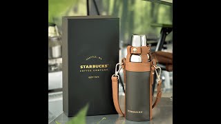 Starbucks 400ml14oz Classic Silver Thermos Bottle with Leather Sleeve [upl. by Brenner]