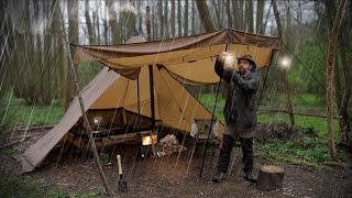 Heavy Rain Solo Overnight Hot Tent Camp [upl. by Kleper]