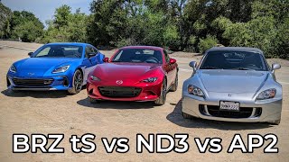 Honda AP2 S2000 vs Mazda ND3 Miata vs Subaru BRZ tS  Head to Head Review [upl. by Enelec945]