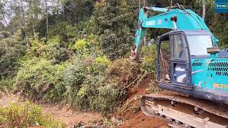 Narrow Village Mountain Road Widening with Big Bucket Kobelco Excavator [upl. by Gearhart]