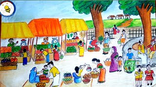 How to draw village market drawing easyvillage market scenery for beginners market drawing easy [upl. by Ainnek]