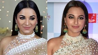 Sonakshi Sinha Complete Look Makeup Hairstyle Outfit  Mijwan 2018 [upl. by Uund]