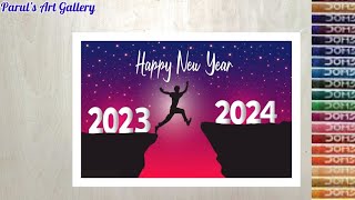 Easy New Year Drawing 2024 With Oil PastelsHappy New year 2024 Drawing For Beginners [upl. by Ertemed601]