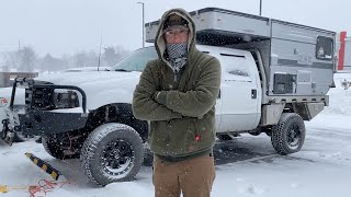 WINTER CAMPING AT 12F IN A POPUP TRUCK CAMPER DURING A WINTER STORM [upl. by Eeimaj]