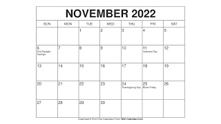 Printable November 2022 Calendar Templates with Holidays  Wiki Calendar [upl. by Aihc]