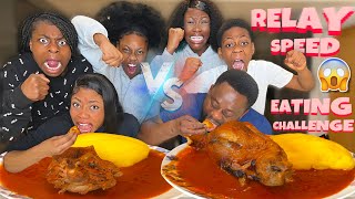 GOAT MEAT AND PEPPER SOUP WITH STARCH  RELAY SPEED EATING CHALLENGE [upl. by Inah]