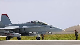 The aircraft nicknamed the Red Devil FA18 Hornet arrived at Andersen Air Force Base from Iwakuni [upl. by Nimoynib]