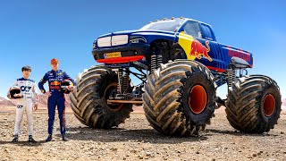 F1 Drivers Race HUGE Mega Trucks Max Verstappen vs Yuki Tsunoda [upl. by Barrow755]