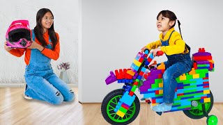 Wendy Maddie amp Kaden Play Lego Motorcycle Racing Challenges [upl. by Notsuj468]