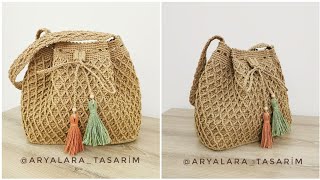 Aryalara Tasarım İmzalı Kağıt ipten baklava dilimi model torba çanta yapımı crochetbag handmadebag [upl. by Kendell]