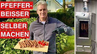 🔥 GRILLBLITZ Pfefferbeißer selber machen Kalträuchern Salami Knacker Rohesser Wurst räuchern Rezept [upl. by Ltney]