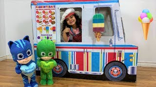 Sally Pretend Play selling Ice Cream from Ice cream truck with Disney PJ MASKS [upl. by Giannini]