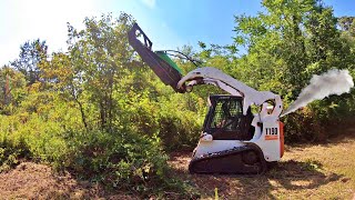 Bobcat t190 and Express Steel brush cutter clearing land tell it FAILS [upl. by Ahsinod]