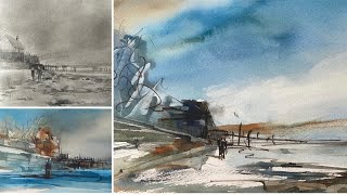 HOW I Create ABSTRACT LANDSCAPE PAINTINGS FROM PHOTOS Watercolor Landscape Painting Tutorial DEMO [upl. by Durst]