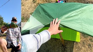 My Emergency Tarp Shelter No Ridgeline No Trekking Pole No Tools [upl. by Brandice207]