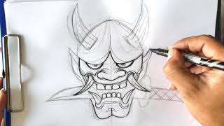 How to draw a hannya mask  drawing for tattoo [upl. by Prussian]