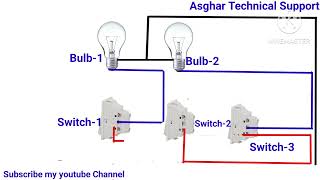 3 way switch multiple lights diagram  Turn on and off two bulbs from three places [upl. by Norris]