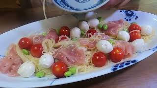 【COLD】Capellini with mozzarella cheese prosciutto and cherrytomatoes 🧀🍅🍝 capellini prosciutto [upl. by Shrier]